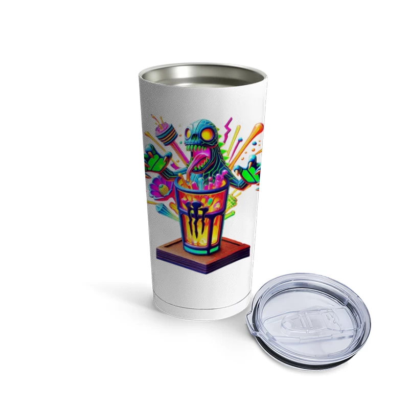 Psychedelic Monster Bursting from Colorful Drink Cup Travel Mug