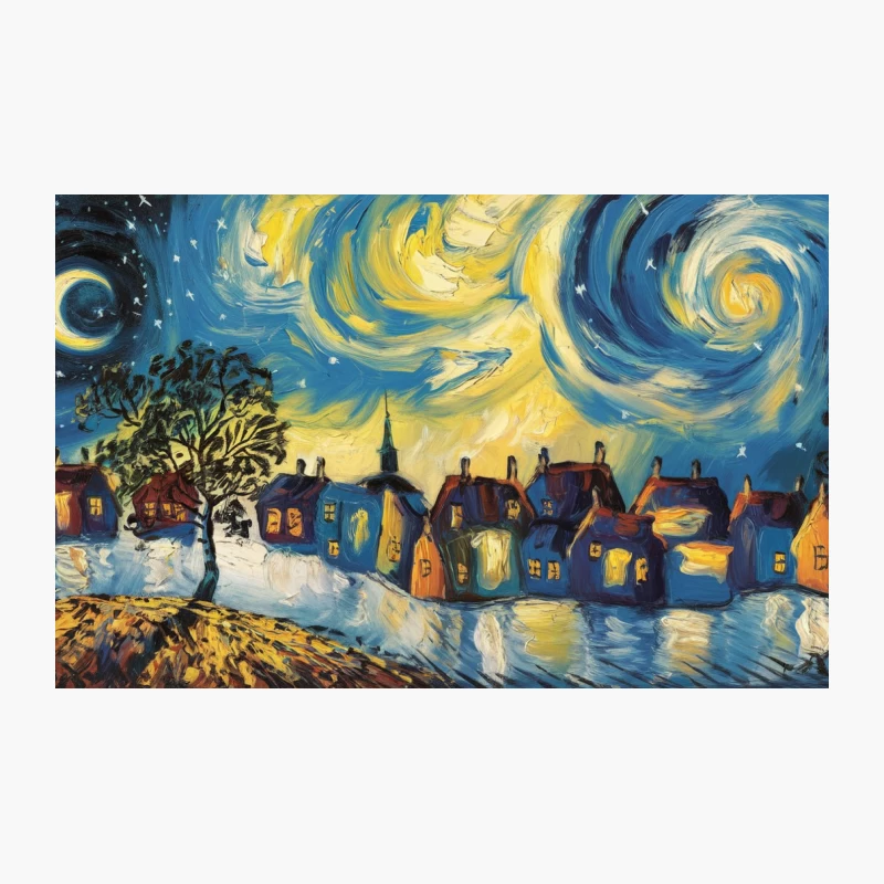 A Starry Night Over a Whimsical Village: Van Gogh-Inspired Impressionist Landscape Travel Mug