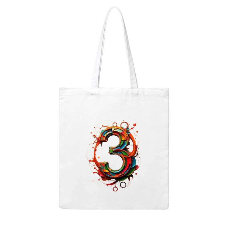 Vibrant 3D Number Three with Abstract Geometric Design Cotton Tote Bag