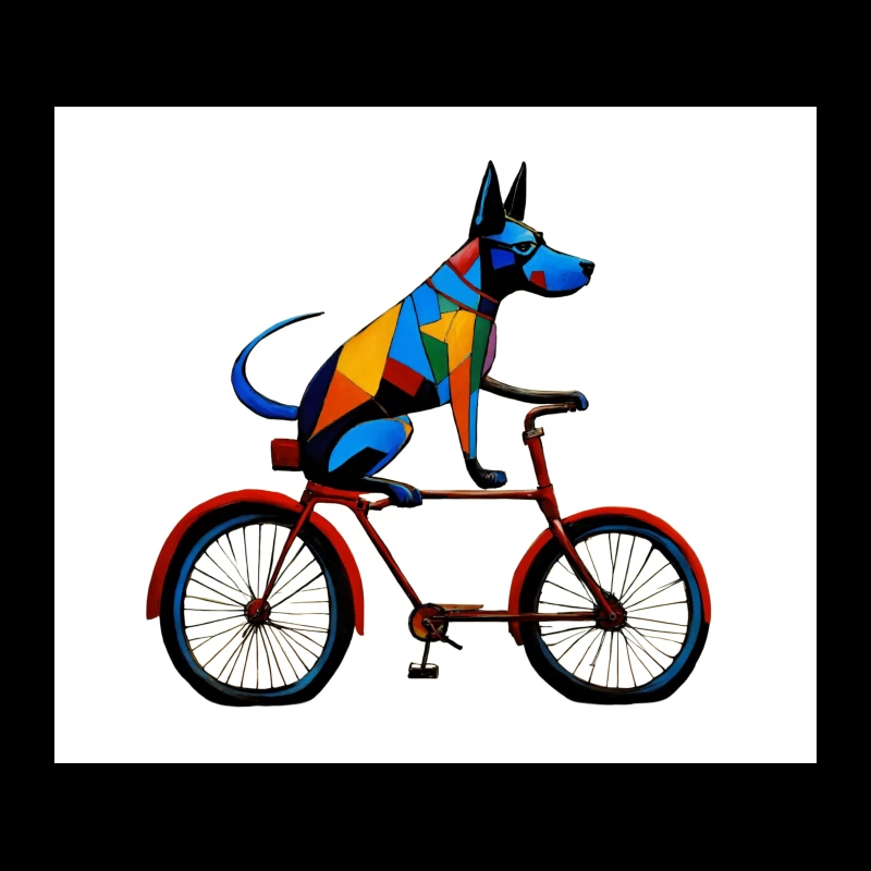 Geometric Colorful Dog Riding Red Bicycle Art Tapestry