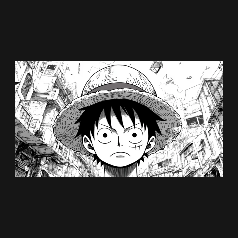 Determined Straw Hat Pirate in Bustling Manga City Desk Mat