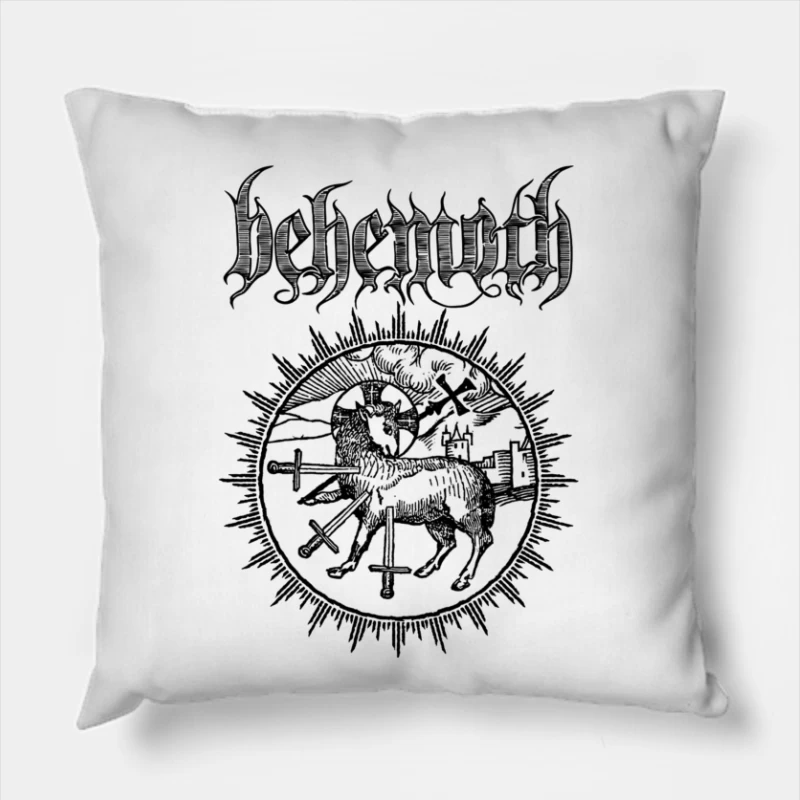 Occult Black Metal Logo with Medieval Lamb and Swords Throw Pillow