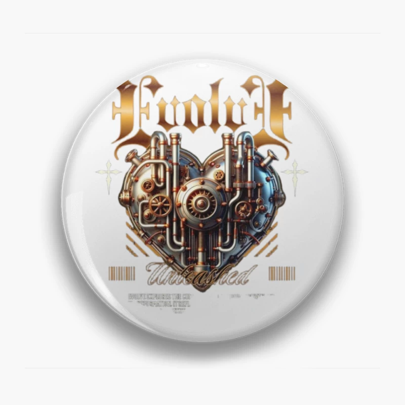 Steampunk Mechanical Heart with Gold Typography Design Pin