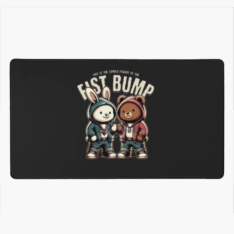 Cartoon Bunny and Bear Friends in Hip Hop Streetwear Sharing a Fist Bump Desk Mat