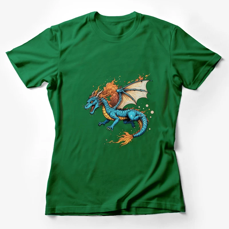 Fierce Blue Dragon with Fiery Mane and Wings Female T-Shirt