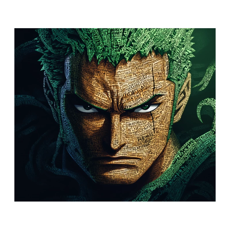 Typographic Portrait of Intense One Piece Character with Green Hair Tapestry