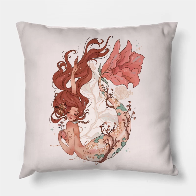 Enchanting Pastel Mermaid with Floral Accents Throw Pillow