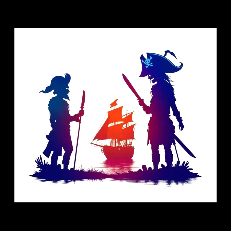 Pirates and Ship Silhouettes at Sunset Tapestry