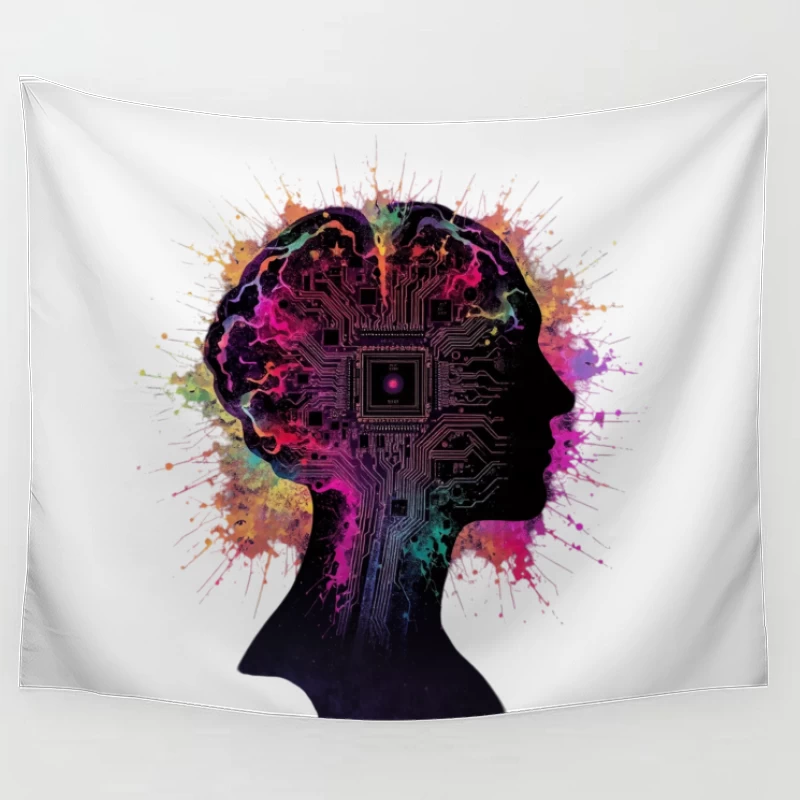 Digital Mind: AI Circuit Profile with Colorful Neural Splashes Tapestry