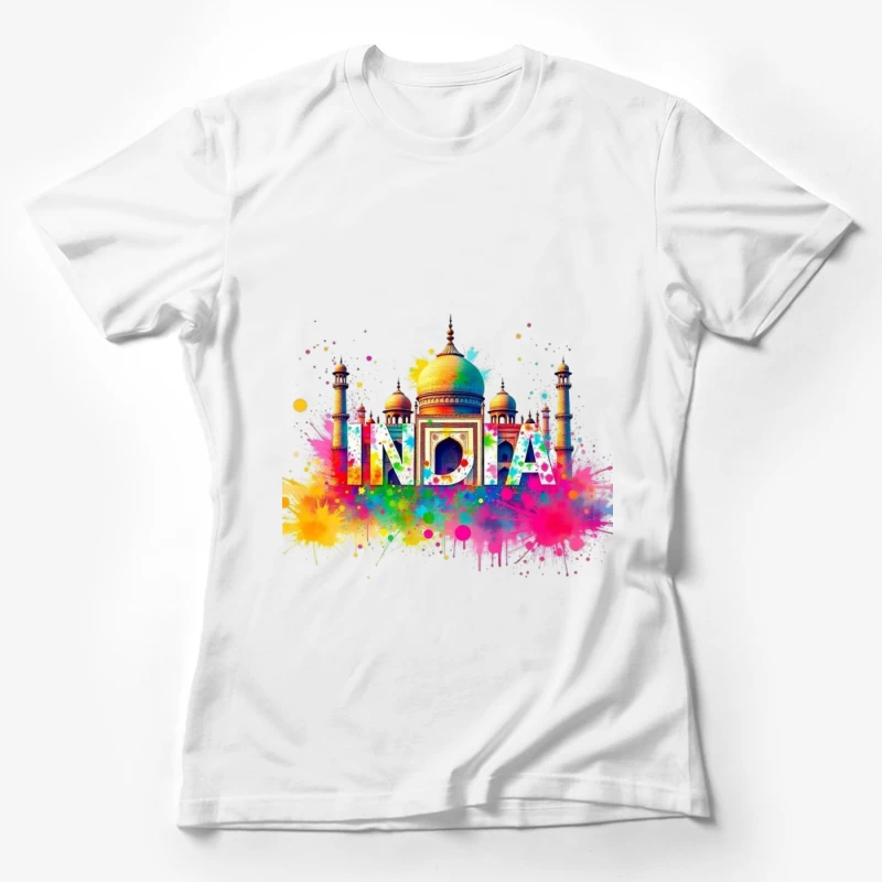 Vibrant Watercolor India Typography with Taj Mahal Silhouette Female T-Shirt