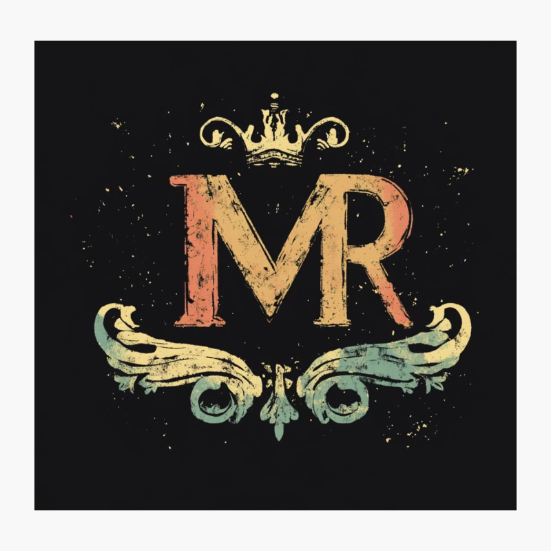Ornate Vintage MR Initials Logo with Crown on Black Background Throw Pillow