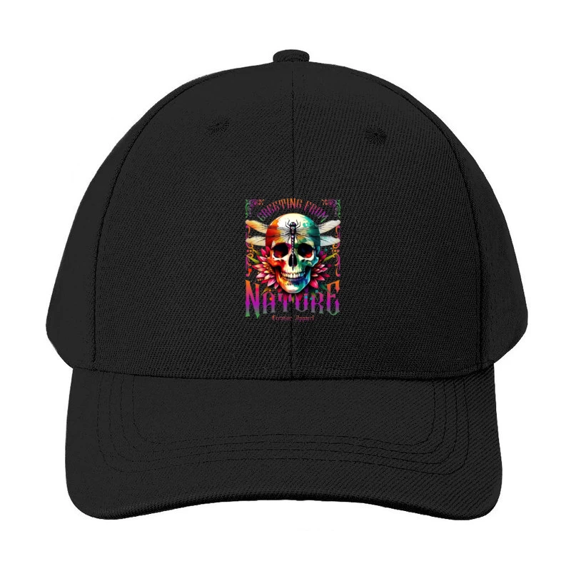 Rainbow Gothic Skull with Dragonfly and Floral Design - Nature Creative Apparel Baseball Cap