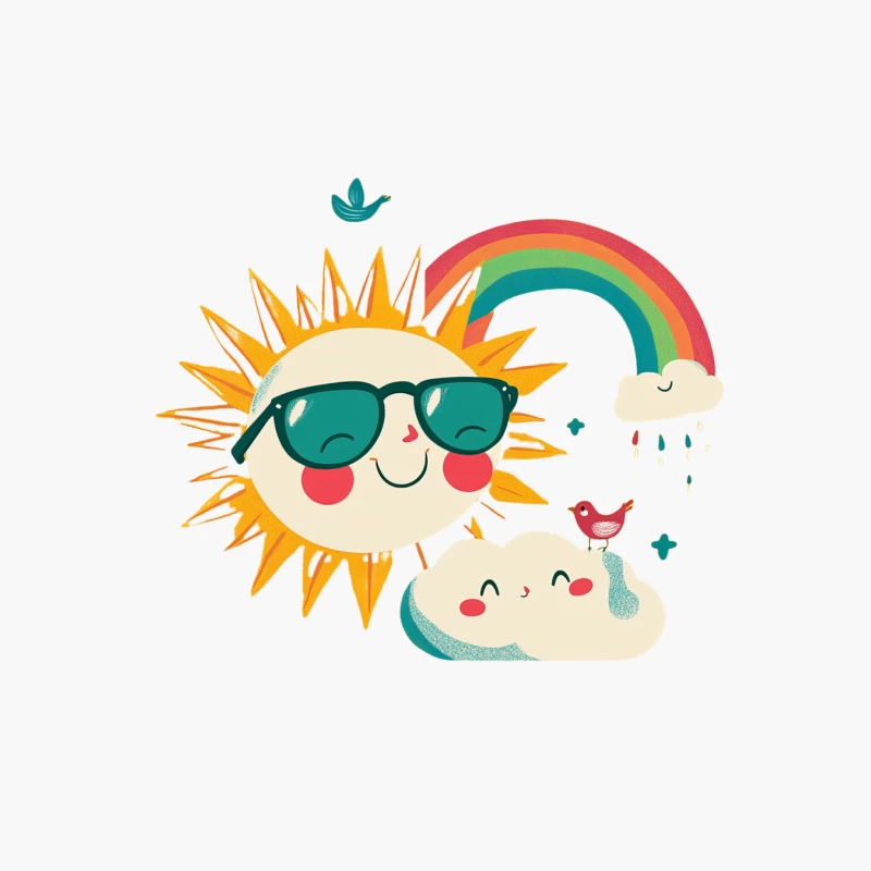 Cheerful Cartoon Summer Scene with Smiling Sun and Rainbow Cotton Tote Bag