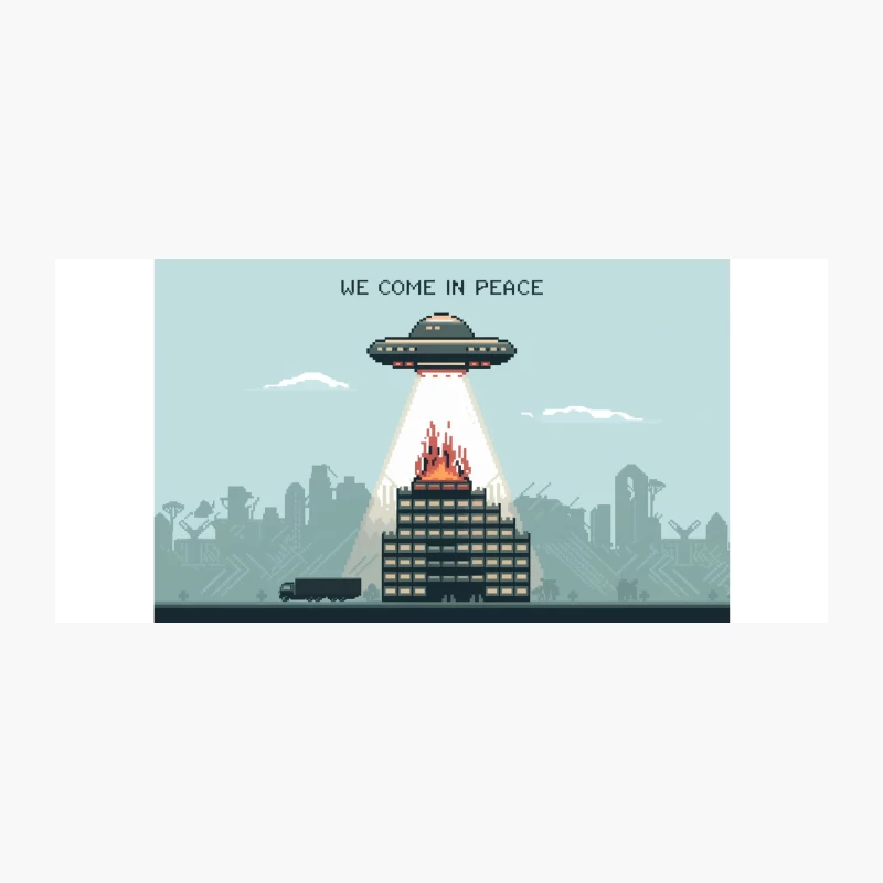 Retro Pixel Art UFO Invasion of City Skyline Coffee Mug