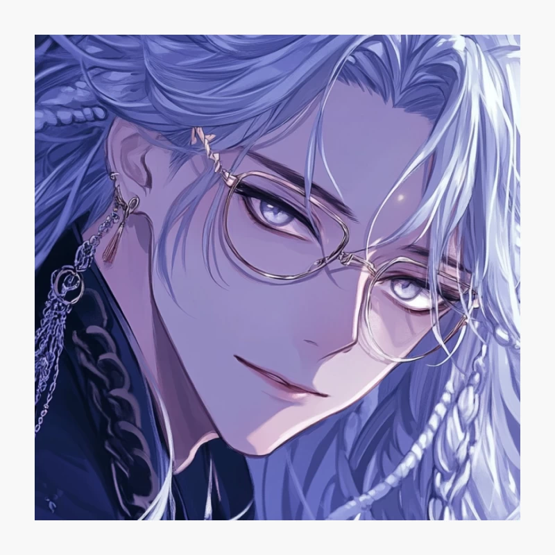 Ethereal Anime Male with Flowing Purple Hair and Glasses Pin