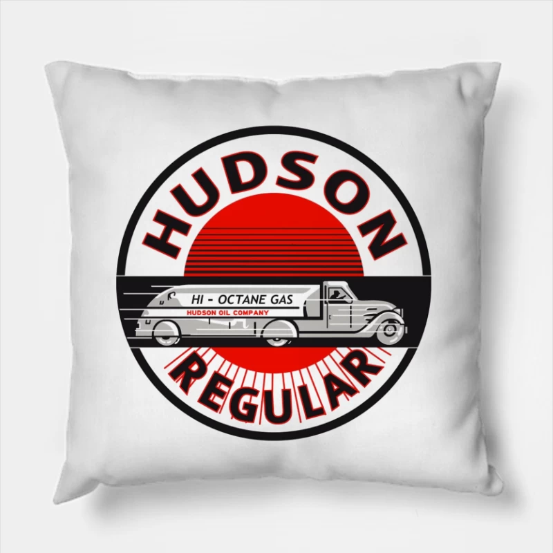 Vintage Hudson Regular Gas Station Logo with Art Deco Fuel Truck Design Throw Pillow