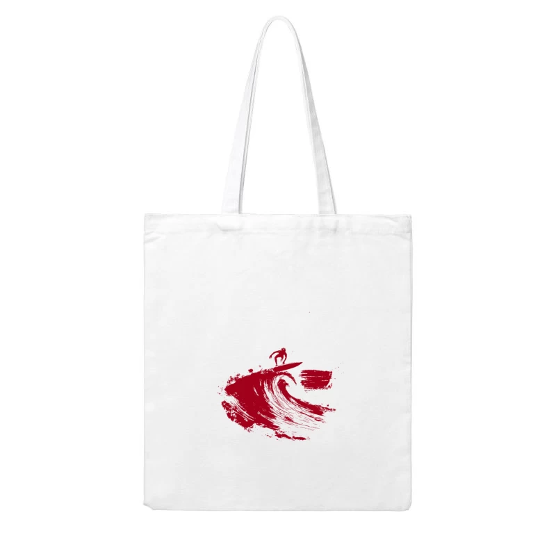 Red Minimalist Surfer Riding Ocean Wave Cotton Tote Bag