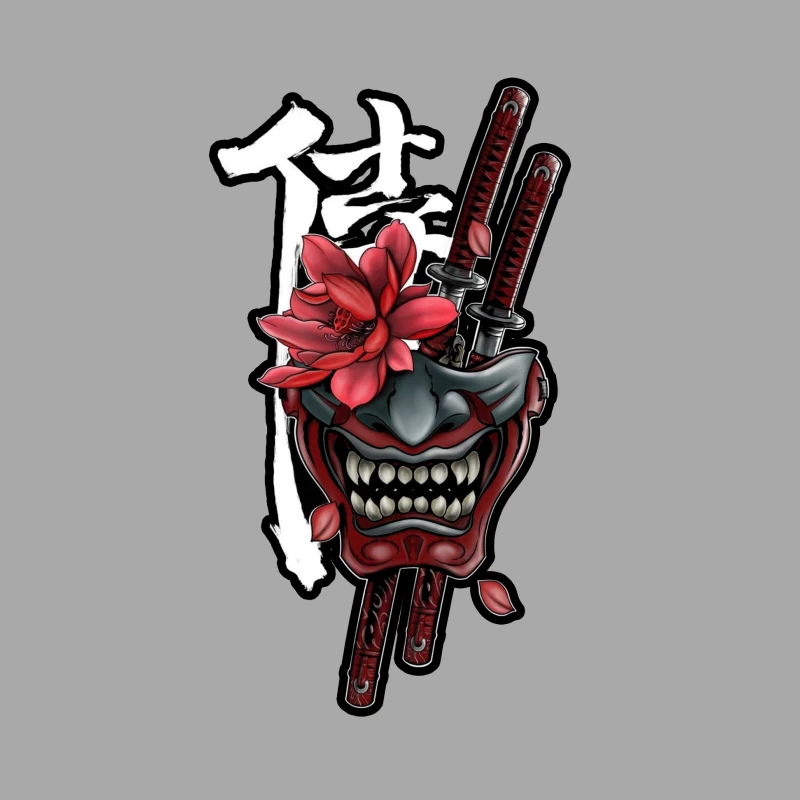 Samurai Mask Art with Katana and Flower Female Pullover Hoodie