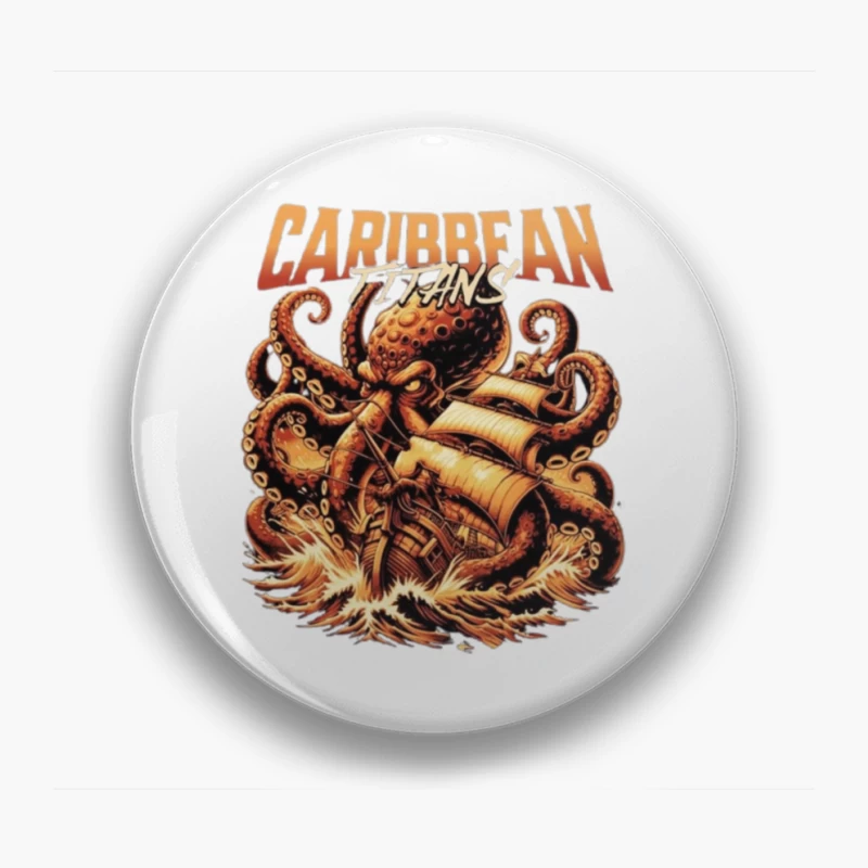 Giant Caribbean Octopus Attacking Sailing Ship Illustration Pin