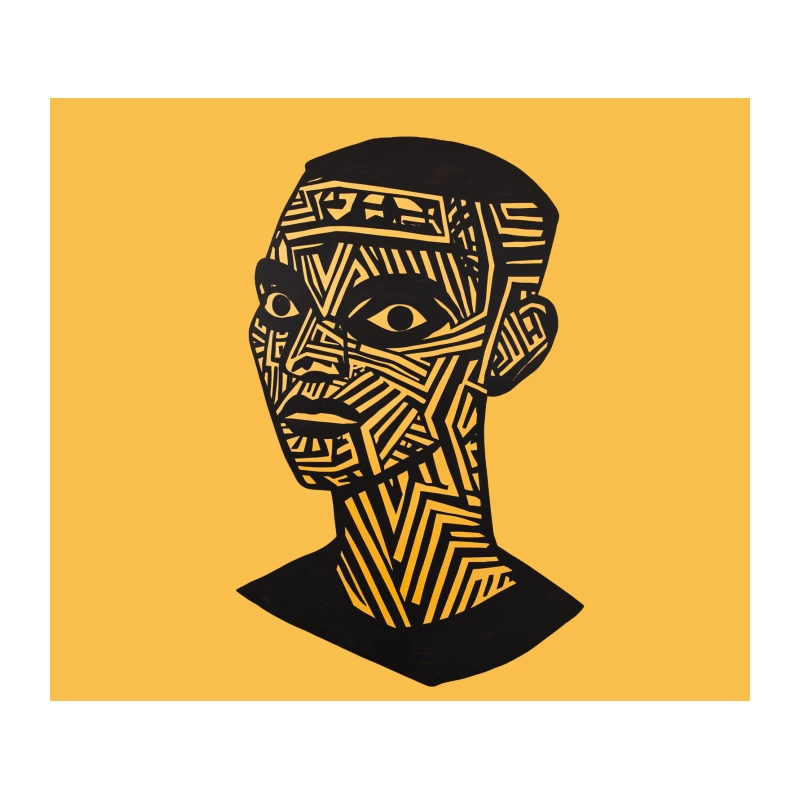 Geometric Tribal Face: Abstract Yellow and Black Modern Art Tapestry