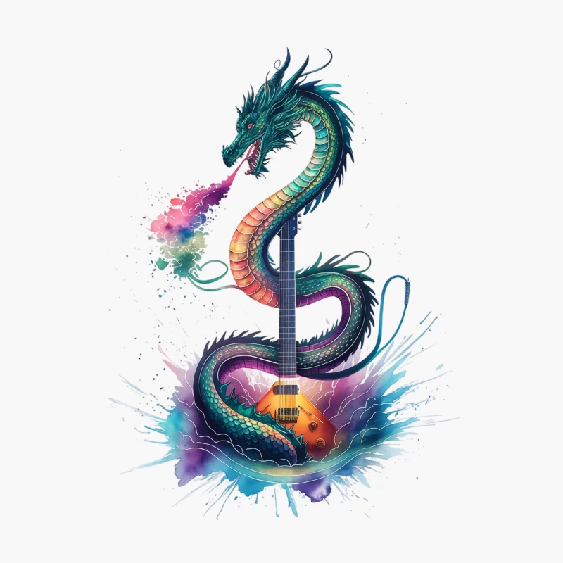 Magical Dragon Wrapped Around Electric Guitar in Watercolor Fantasy Art Cotton Tote Bag