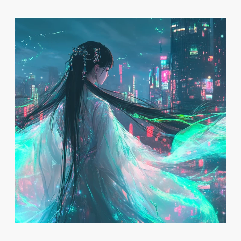 Ethereal Cyberpunk Vision: Neon-Lit Metropolis with Flowing-Haired Figure Throw Pillow