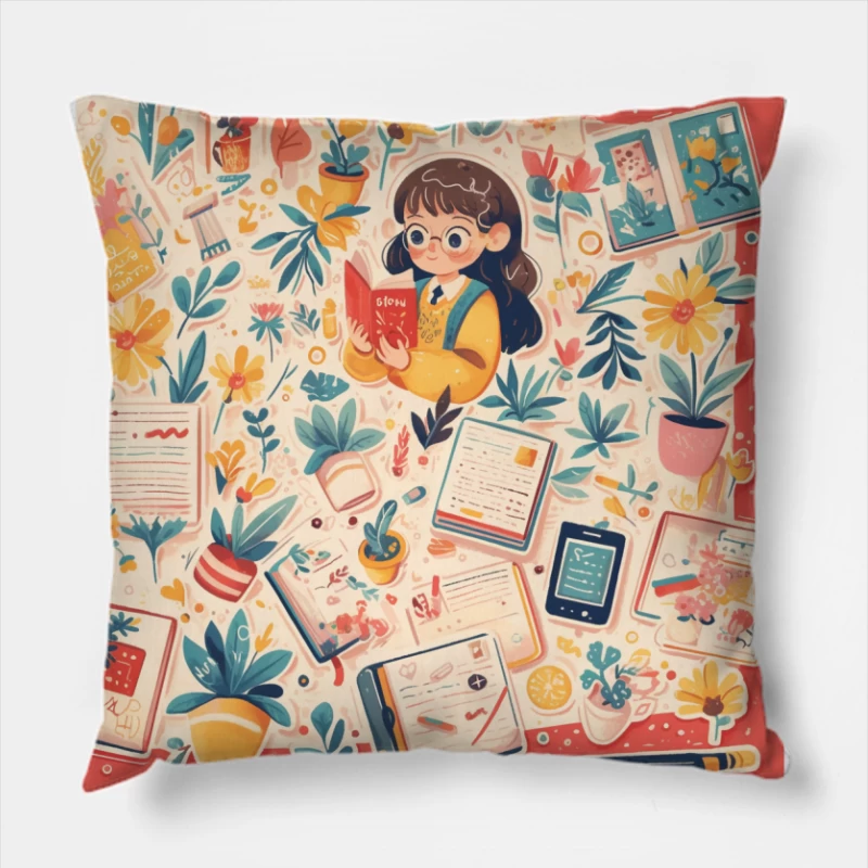 Cozy Reading Corner: A Whimsical Study Illustration Throw Pillow