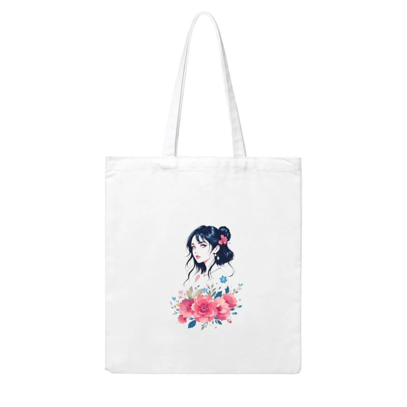 Elegant Anime Portrait with Pink Floral Arrangement Cotton Tote Bag