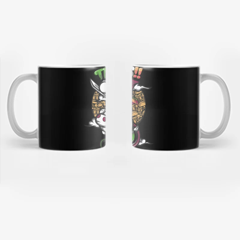 Colorful Cartoon of Tacos with a Unicorn and Knife-wielding Character Coffee Mug