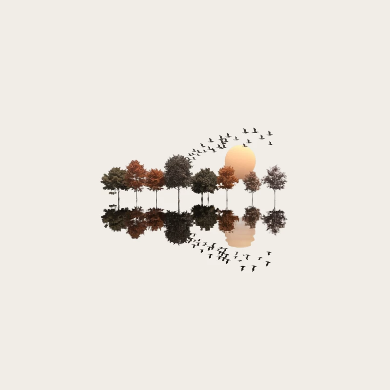Autumnal Reflection: Trees and Birds at Sunset Bucket Hat