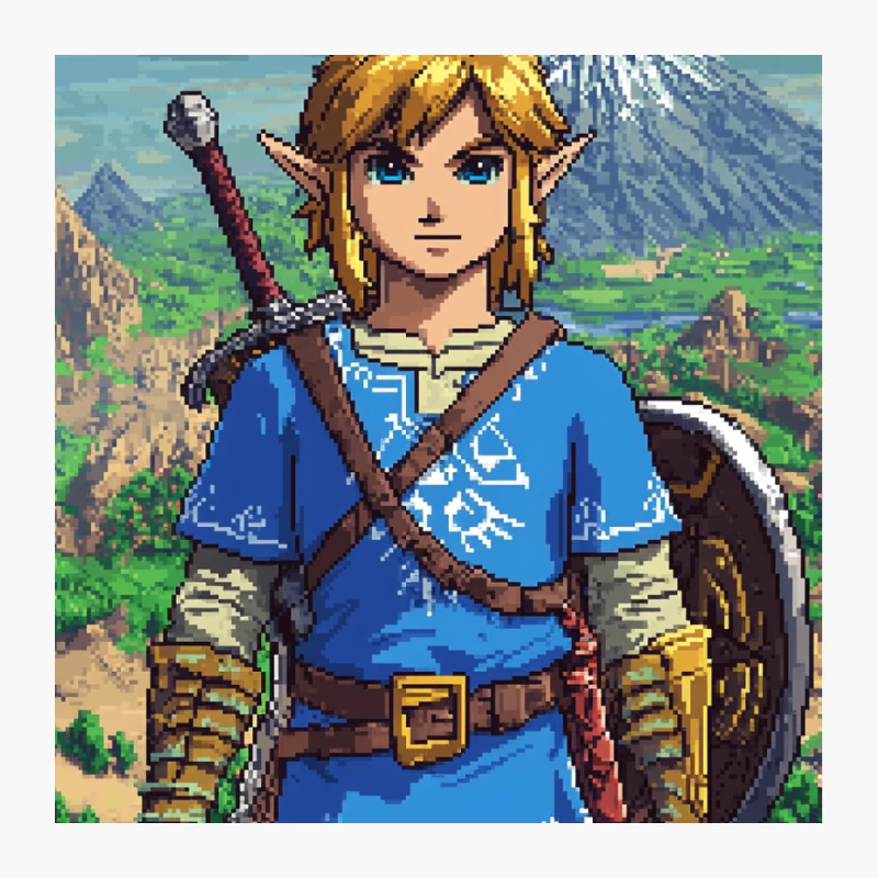 Pixel Art Adventure: Legend of Zelda Character in Fantasy Landscape Pin