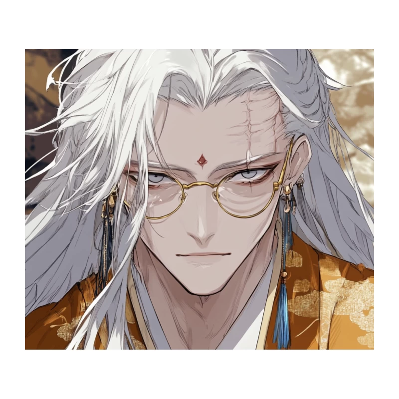 Elegant Elven Anime Character with White Hair and Glasses Tapestry