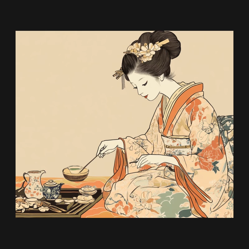 Elegant Geisha Performing Traditional Tea Ceremony in Vintage Japanese Illustration Mouse Pad