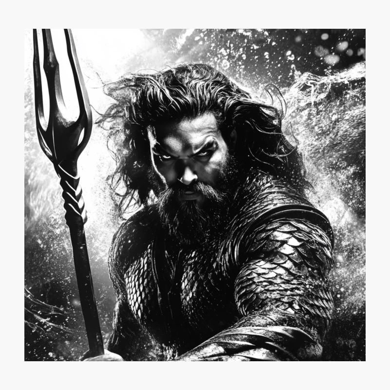 Fierce Aquatic Warrior with Trident in Monochrome Throw Pillow