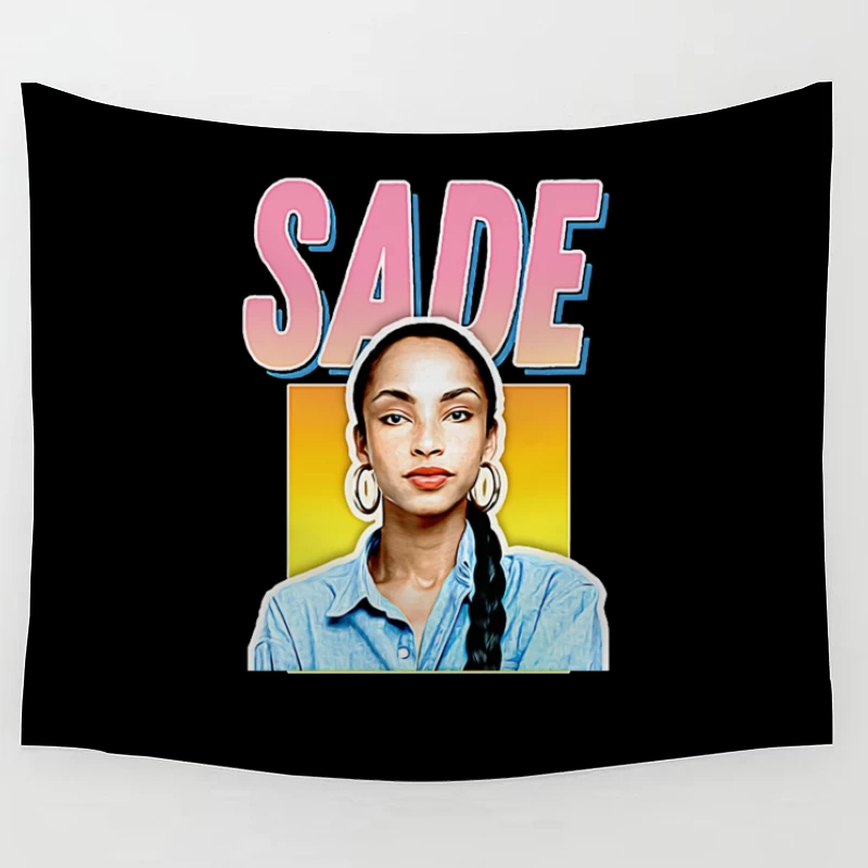 Stylized Pop Art Portrait with Pink "SADE" Text Tapestry