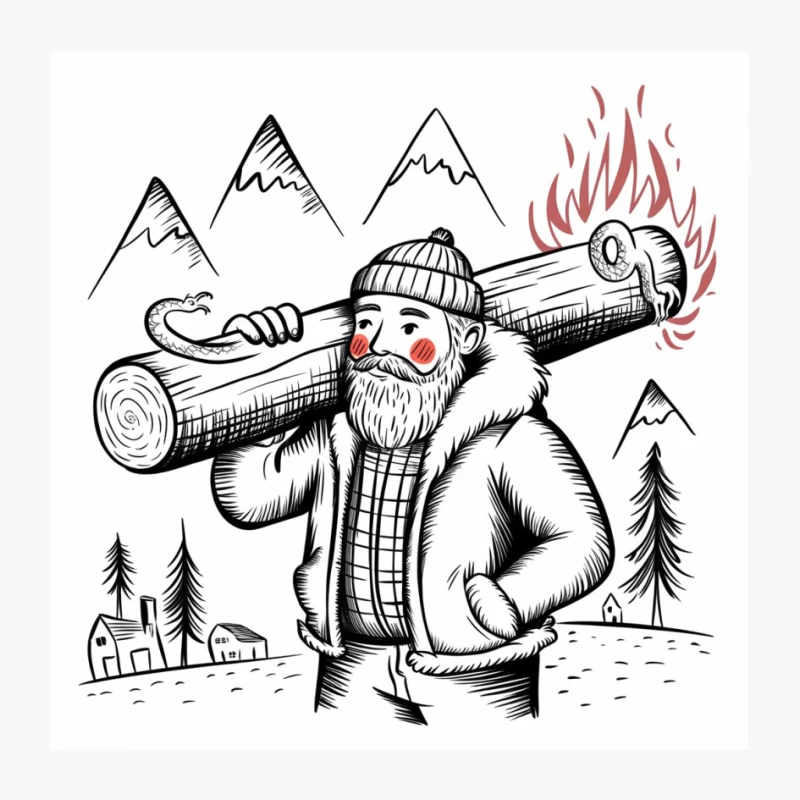 Bearded Lumberjack in Snowy Mountain Landscape Pin