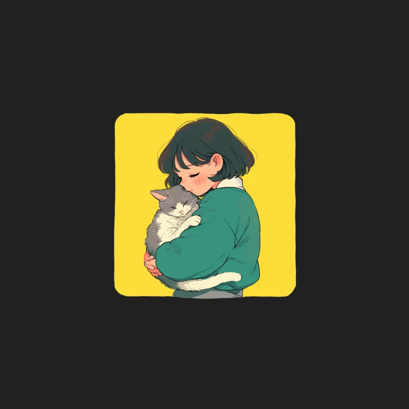 Gentle Embrace: Girl in Green Cuddling Gray Cat Bucket Hat