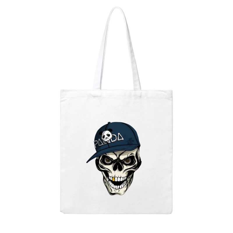 Skull with Panda Cap Graphic Illustration Cotton Tote Bag
