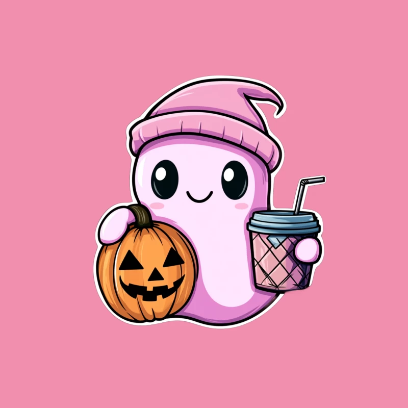 Cute Pink Ghost with Halloween Pumpkin and Drink Female T-Shirt