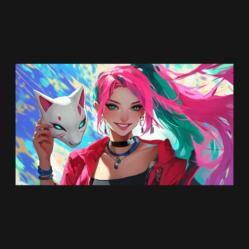 Vibrant Anime Girl with Cat Mask and Colorful Hair Desk Mat