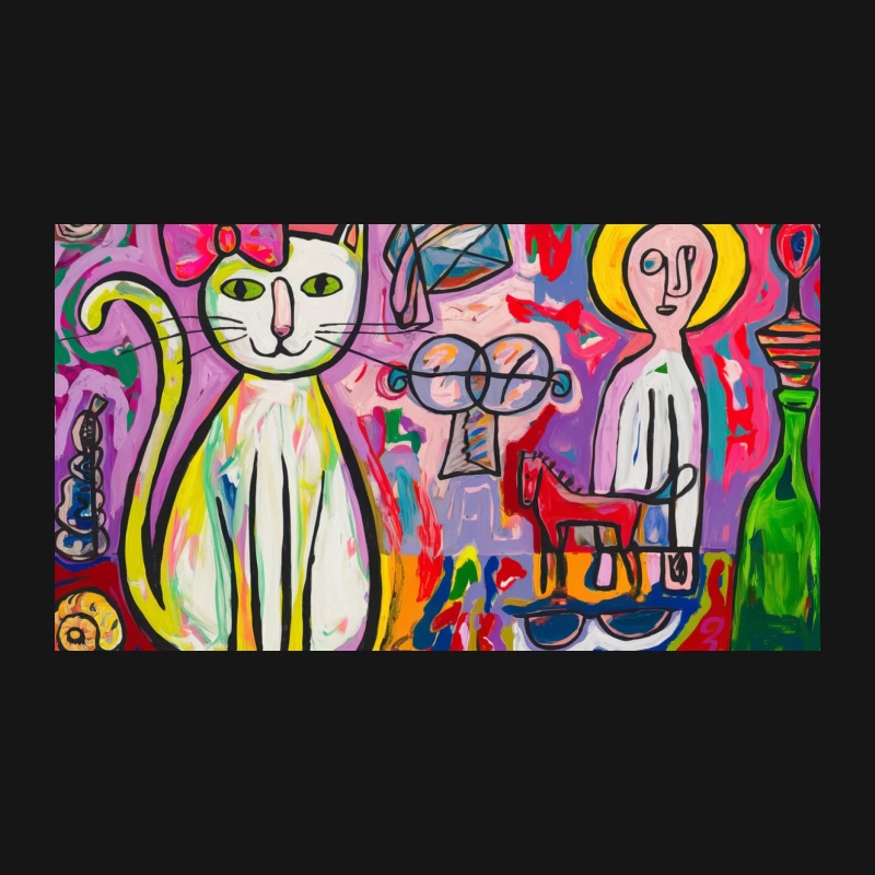 Vibrant Abstract Painting with Cat and Surreal Figures Desk Mat
