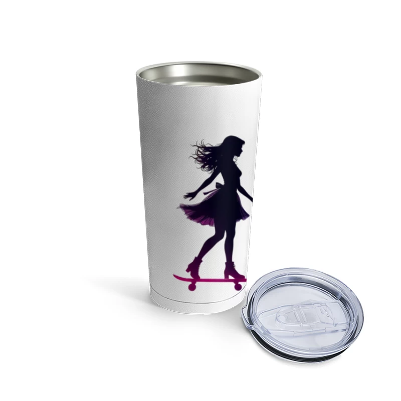 Graceful Feminine Skateboarding Silhouette in Purple Travel Mug