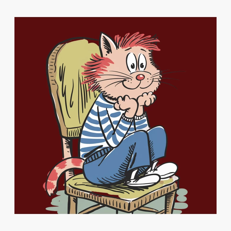 Casual Cartoon Cat Lounging in Striped Shirt on Green Chair Throw Pillow