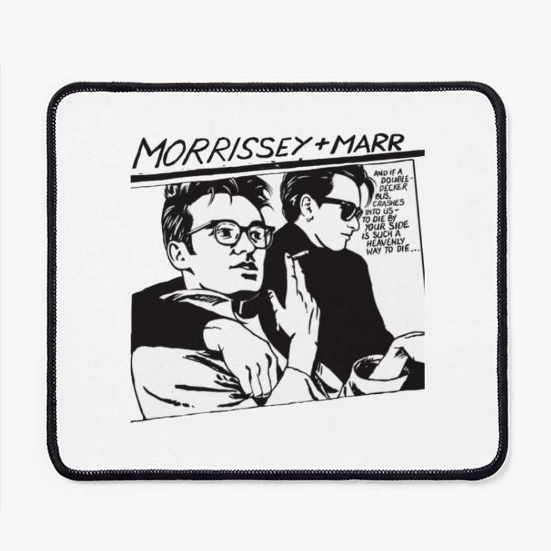 Black and White Comic Style Portrait of Morrissey and Marr with Dark Humor Quote Mouse Pad