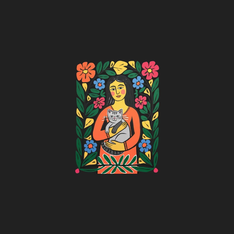 Vibrant Folk Art: Woman Embracing Cat Amidst Floral Splendor Bucket Hat