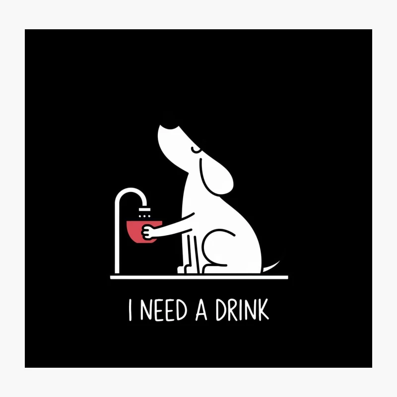 Thirsty Cartoon Dog Drinking Water: Minimalist Cute Illustration Throw Pillow