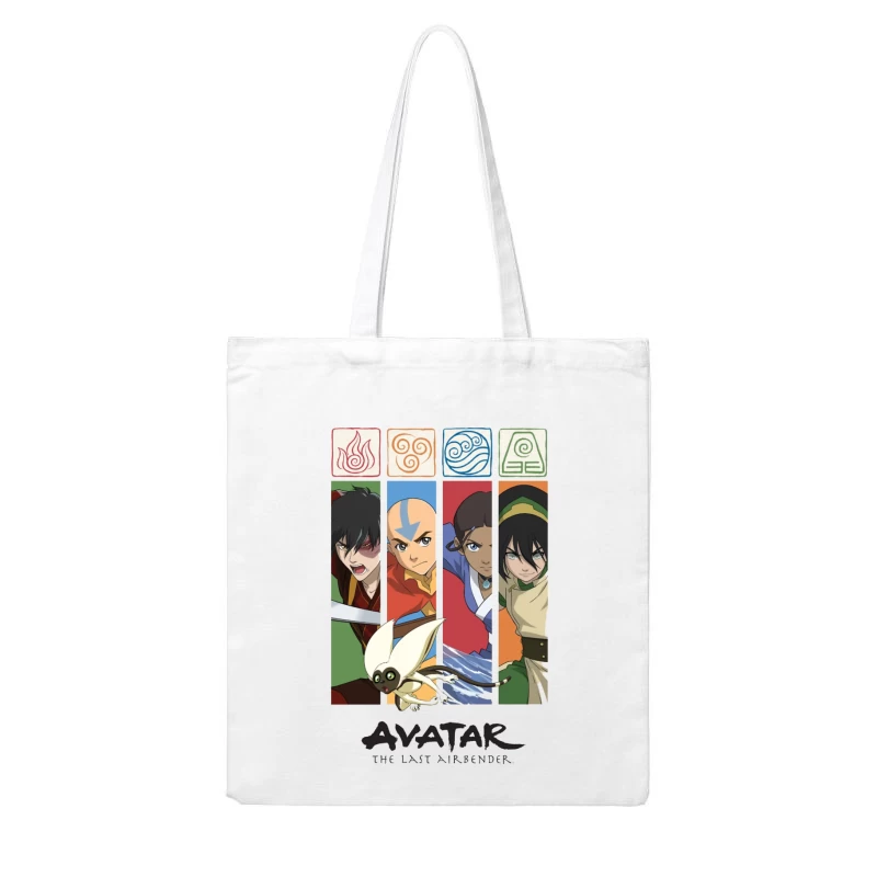 Avatar: The Last Airbender Character Panel with Elemental Symbols Cotton Tote Bag