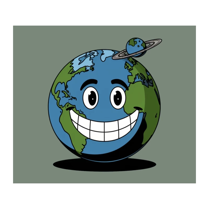 Happy Cartoon Earth Globe with Smiling Face and Mini Planet Ring Tapestry