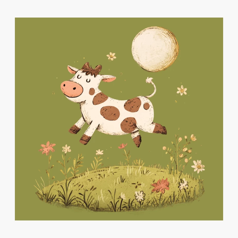 Cute Cartoon Cow Jumping Over Flowers Under the Moon Throw Pillow