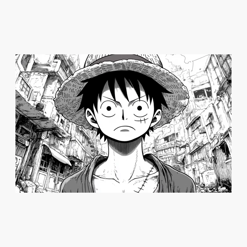 Determined Straw Hat Pirate in Bustling Manga City Travel Mug